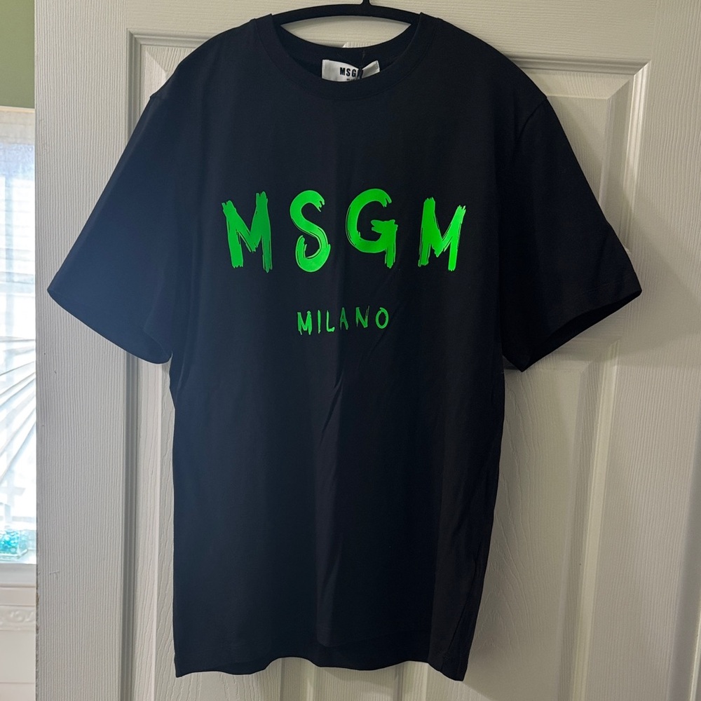 MSGM Black Tee with Neon Green Accents